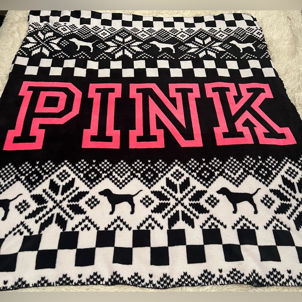 PINK Victoria's Secret Black, White & Hot Pink Fleece Throw